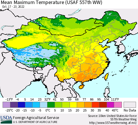 China, Mongolia and Taiwan Mean Maximum Temperature (USAF 557th WW) Thematic Map For 10/17/2022 - 10/23/2022