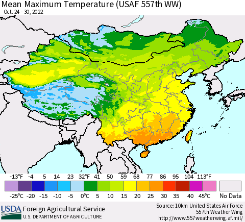 China, Mongolia and Taiwan Mean Maximum Temperature (USAF 557th WW) Thematic Map For 10/24/2022 - 10/30/2022