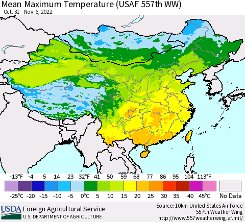 China, Mongolia and Taiwan Mean Maximum Temperature (USAF 557th WW) Thematic Map For 10/31/2022 - 11/6/2022