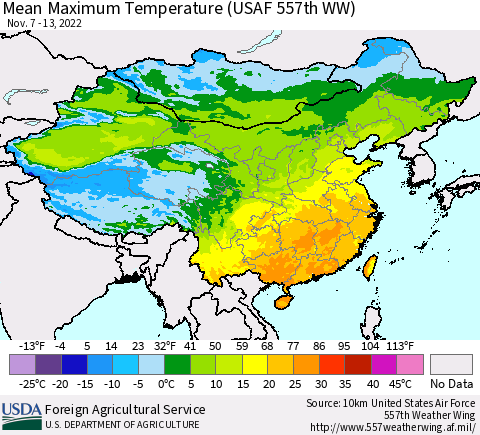 China, Mongolia and Taiwan Mean Maximum Temperature (USAF 557th WW) Thematic Map For 11/7/2022 - 11/13/2022