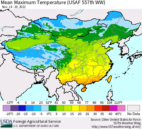 China, Mongolia and Taiwan Mean Maximum Temperature (USAF 557th WW) Thematic Map For 11/14/2022 - 11/20/2022