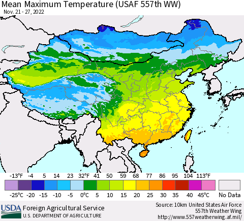 China, Mongolia and Taiwan Mean Maximum Temperature (USAF 557th WW) Thematic Map For 11/21/2022 - 11/27/2022