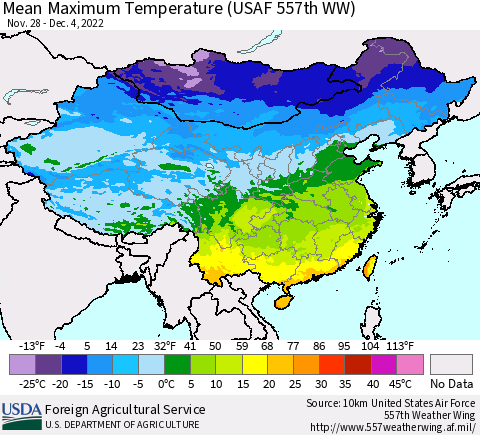China, Mongolia and Taiwan Mean Maximum Temperature (USAF 557th WW) Thematic Map For 11/28/2022 - 12/4/2022