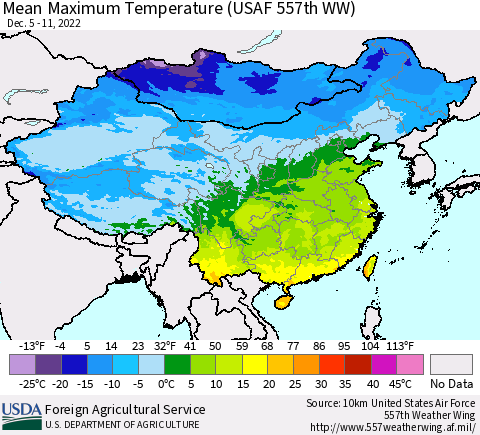 China, Mongolia and Taiwan Mean Maximum Temperature (USAF 557th WW) Thematic Map For 12/5/2022 - 12/11/2022