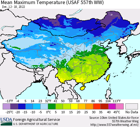China, Mongolia and Taiwan Mean Maximum Temperature (USAF 557th WW) Thematic Map For 12/12/2022 - 12/18/2022