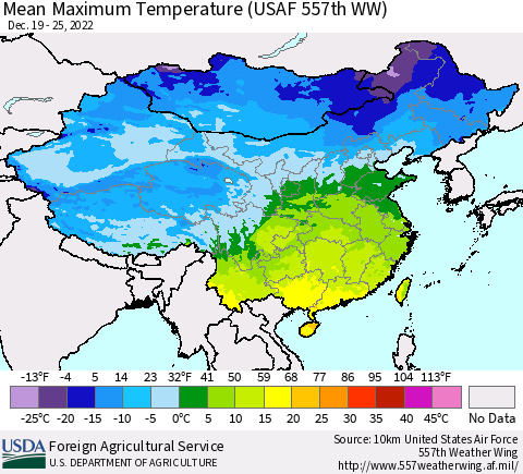 China, Mongolia and Taiwan Mean Maximum Temperature (USAF 557th WW) Thematic Map For 12/19/2022 - 12/25/2022