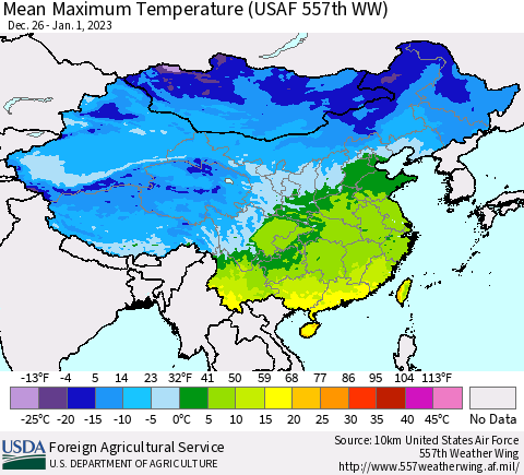 China, Mongolia and Taiwan Mean Maximum Temperature (USAF 557th WW) Thematic Map For 12/26/2022 - 1/1/2023