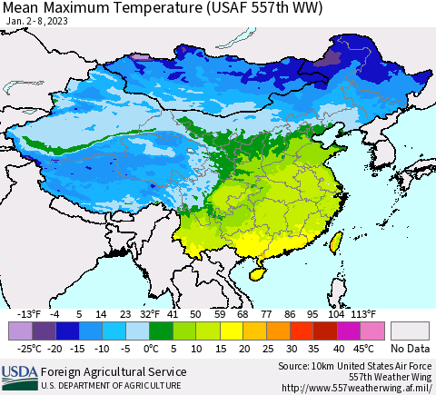 China, Mongolia and Taiwan Mean Maximum Temperature (USAF 557th WW) Thematic Map For 1/2/2023 - 1/8/2023