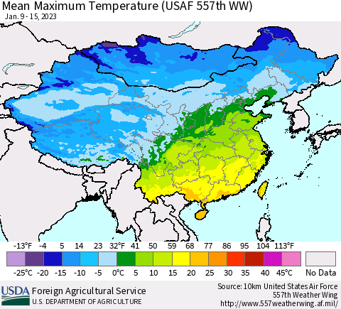 China, Mongolia and Taiwan Mean Maximum Temperature (USAF 557th WW) Thematic Map For 1/9/2023 - 1/15/2023