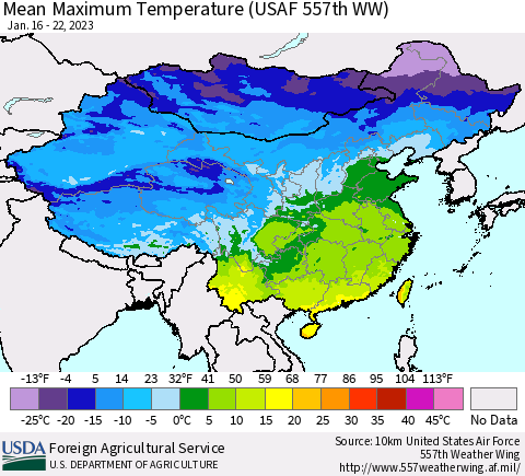 China, Mongolia and Taiwan Mean Maximum Temperature (USAF 557th WW) Thematic Map For 1/16/2023 - 1/22/2023