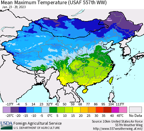 China, Mongolia and Taiwan Mean Maximum Temperature (USAF 557th WW) Thematic Map For 1/23/2023 - 1/29/2023