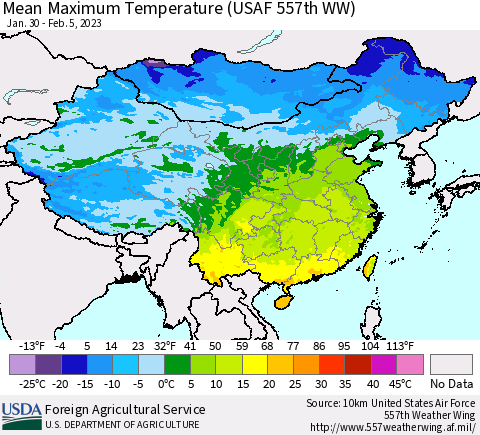 China, Mongolia and Taiwan Mean Maximum Temperature (USAF 557th WW) Thematic Map For 1/30/2023 - 2/5/2023