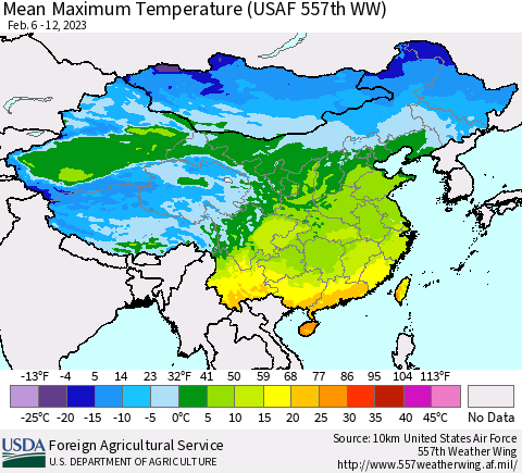 China, Mongolia and Taiwan Mean Maximum Temperature (USAF 557th WW) Thematic Map For 2/6/2023 - 2/12/2023