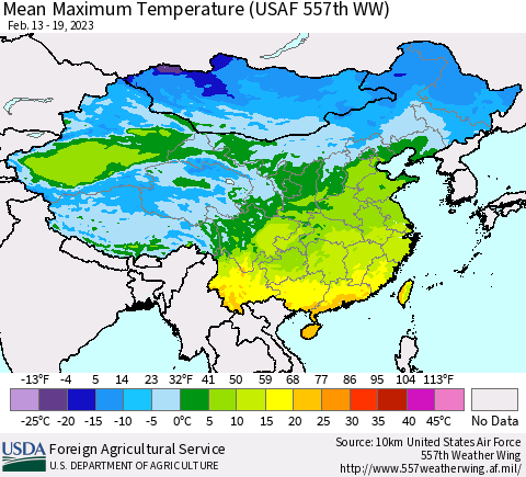 China, Mongolia and Taiwan Mean Maximum Temperature (USAF 557th WW) Thematic Map For 2/13/2023 - 2/19/2023