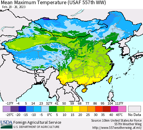 China, Mongolia and Taiwan Mean Maximum Temperature (USAF 557th WW) Thematic Map For 2/20/2023 - 2/26/2023