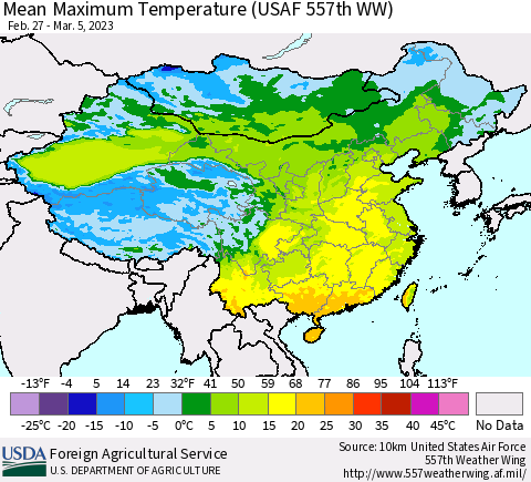 China, Mongolia and Taiwan Mean Maximum Temperature (USAF 557th WW) Thematic Map For 2/27/2023 - 3/5/2023