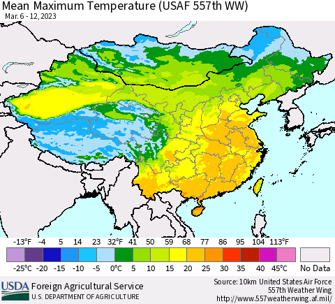 China, Mongolia and Taiwan Mean Maximum Temperature (USAF 557th WW) Thematic Map For 3/6/2023 - 3/12/2023