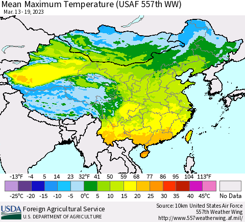 China, Mongolia and Taiwan Mean Maximum Temperature (USAF 557th WW) Thematic Map For 3/13/2023 - 3/19/2023