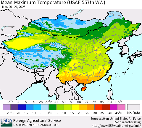 China, Mongolia and Taiwan Mean Maximum Temperature (USAF 557th WW) Thematic Map For 3/20/2023 - 3/26/2023