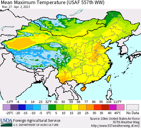 China, Mongolia and Taiwan Mean Maximum Temperature (USAF 557th WW) Thematic Map For 3/27/2023 - 4/2/2023