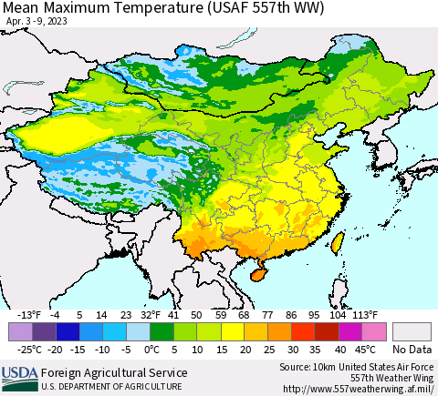 China, Mongolia and Taiwan Mean Maximum Temperature (USAF 557th WW) Thematic Map For 4/3/2023 - 4/9/2023