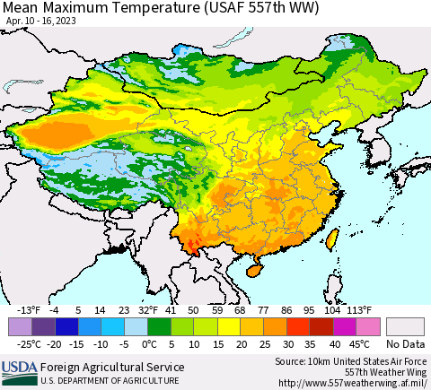 China, Mongolia and Taiwan Mean Maximum Temperature (USAF 557th WW) Thematic Map For 4/10/2023 - 4/16/2023
