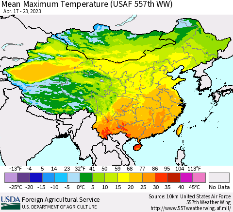 China, Mongolia and Taiwan Mean Maximum Temperature (USAF 557th WW) Thematic Map For 4/17/2023 - 4/23/2023