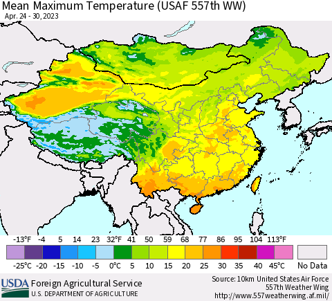 China, Mongolia and Taiwan Mean Maximum Temperature (USAF 557th WW) Thematic Map For 4/24/2023 - 4/30/2023