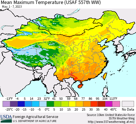 China, Mongolia and Taiwan Mean Maximum Temperature (USAF 557th WW) Thematic Map For 5/1/2023 - 5/7/2023