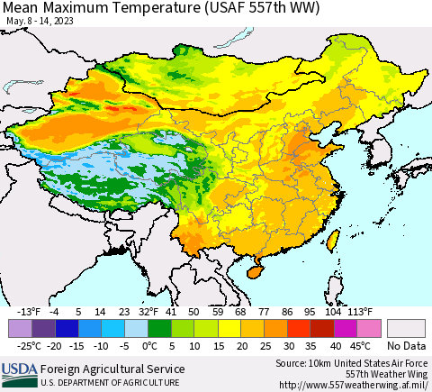 China, Mongolia and Taiwan Mean Maximum Temperature (USAF 557th WW) Thematic Map For 5/8/2023 - 5/14/2023