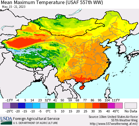 China, Mongolia and Taiwan Mean Maximum Temperature (USAF 557th WW) Thematic Map For 5/15/2023 - 5/21/2023