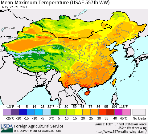 China, Mongolia and Taiwan Mean Maximum Temperature (USAF 557th WW) Thematic Map For 5/22/2023 - 5/28/2023