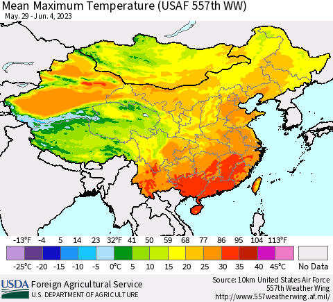 China, Mongolia and Taiwan Mean Maximum Temperature (USAF 557th WW) Thematic Map For 5/29/2023 - 6/4/2023