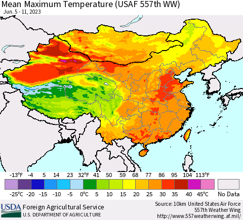 China, Mongolia and Taiwan Mean Maximum Temperature (USAF 557th WW) Thematic Map For 6/5/2023 - 6/11/2023
