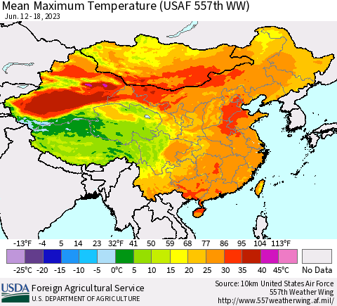 China, Mongolia and Taiwan Mean Maximum Temperature (USAF 557th WW) Thematic Map For 6/12/2023 - 6/18/2023