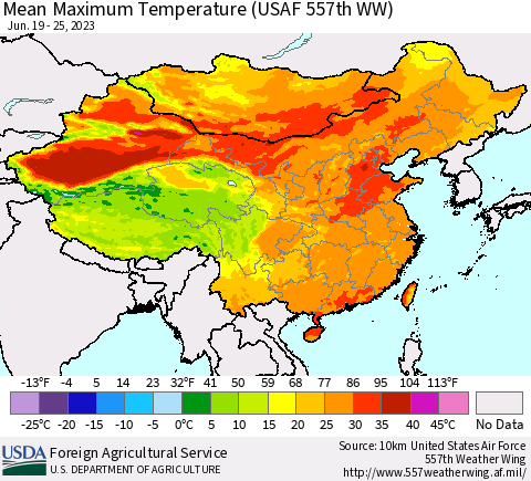 China, Mongolia and Taiwan Mean Maximum Temperature (USAF 557th WW) Thematic Map For 6/19/2023 - 6/25/2023