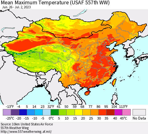 China, Mongolia and Taiwan Mean Maximum Temperature (USAF 557th WW) Thematic Map For 6/26/2023 - 7/2/2023
