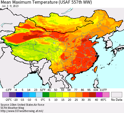 China, Mongolia and Taiwan Mean Maximum Temperature (USAF 557th WW) Thematic Map For 7/3/2023 - 7/9/2023