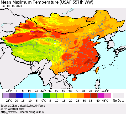 China, Mongolia and Taiwan Mean Maximum Temperature (USAF 557th WW) Thematic Map For 7/10/2023 - 7/16/2023