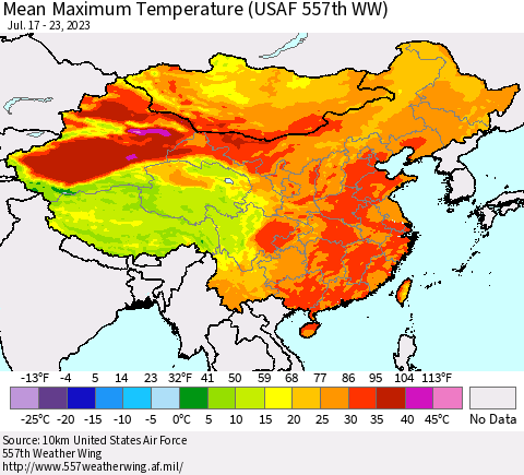 China, Mongolia and Taiwan Mean Maximum Temperature (USAF 557th WW) Thematic Map For 7/17/2023 - 7/23/2023
