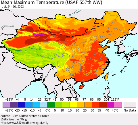 China, Mongolia and Taiwan Mean Maximum Temperature (USAF 557th WW) Thematic Map For 7/24/2023 - 7/30/2023