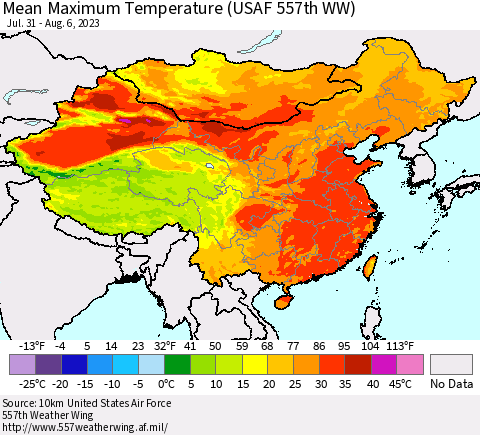 China, Mongolia and Taiwan Mean Maximum Temperature (USAF 557th WW) Thematic Map For 7/31/2023 - 8/6/2023