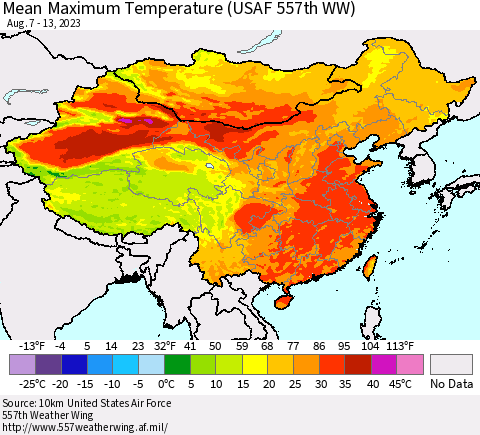China, Mongolia and Taiwan Mean Maximum Temperature (USAF 557th WW) Thematic Map For 8/7/2023 - 8/13/2023