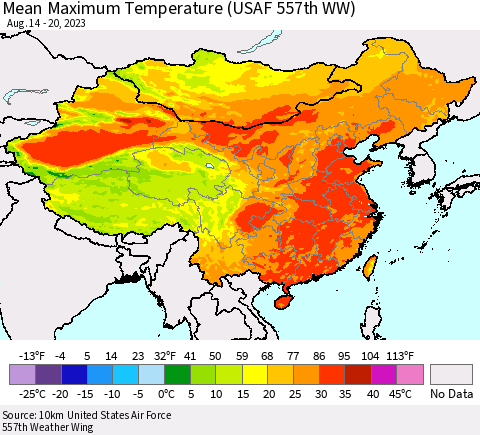 China, Mongolia and Taiwan Mean Maximum Temperature (USAF 557th WW) Thematic Map For 8/14/2023 - 8/20/2023
