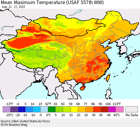China, Mongolia and Taiwan Mean Maximum Temperature (USAF 557th WW) Thematic Map For 8/21/2023 - 8/27/2023