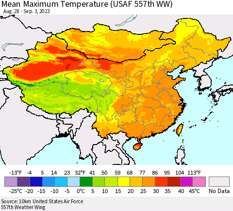 China, Mongolia and Taiwan Mean Maximum Temperature (USAF 557th WW) Thematic Map For 8/28/2023 - 9/3/2023
