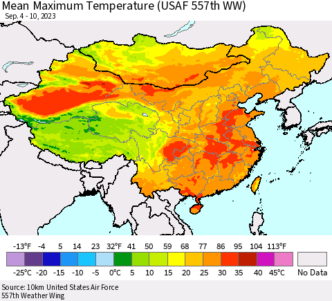 China, Mongolia and Taiwan Mean Maximum Temperature (USAF 557th WW) Thematic Map For 9/4/2023 - 9/10/2023