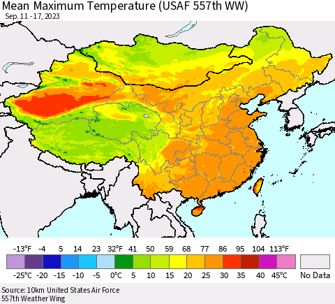 China, Mongolia and Taiwan Mean Maximum Temperature (USAF 557th WW) Thematic Map For 9/11/2023 - 9/17/2023