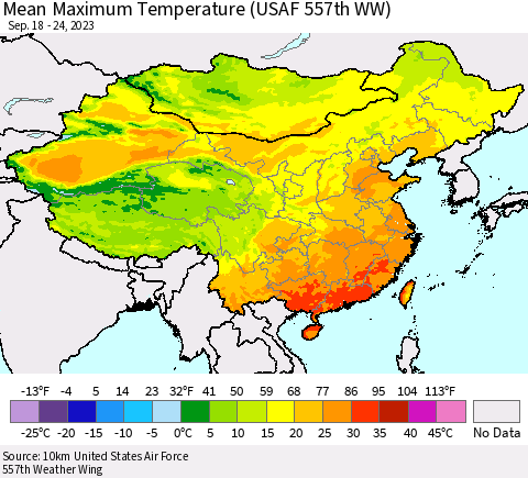 China, Mongolia and Taiwan Mean Maximum Temperature (USAF 557th WW) Thematic Map For 9/18/2023 - 9/24/2023