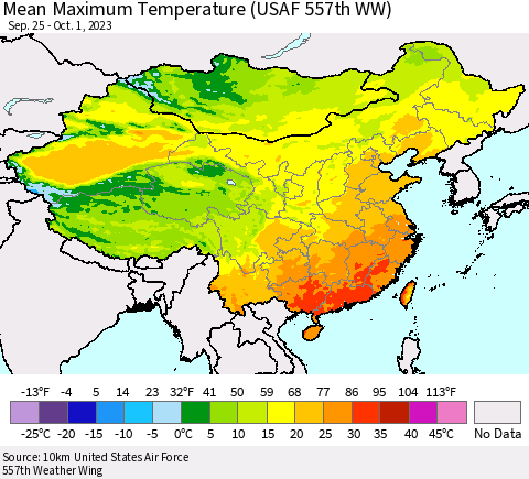 China, Mongolia and Taiwan Mean Maximum Temperature (USAF 557th WW) Thematic Map For 9/25/2023 - 10/1/2023